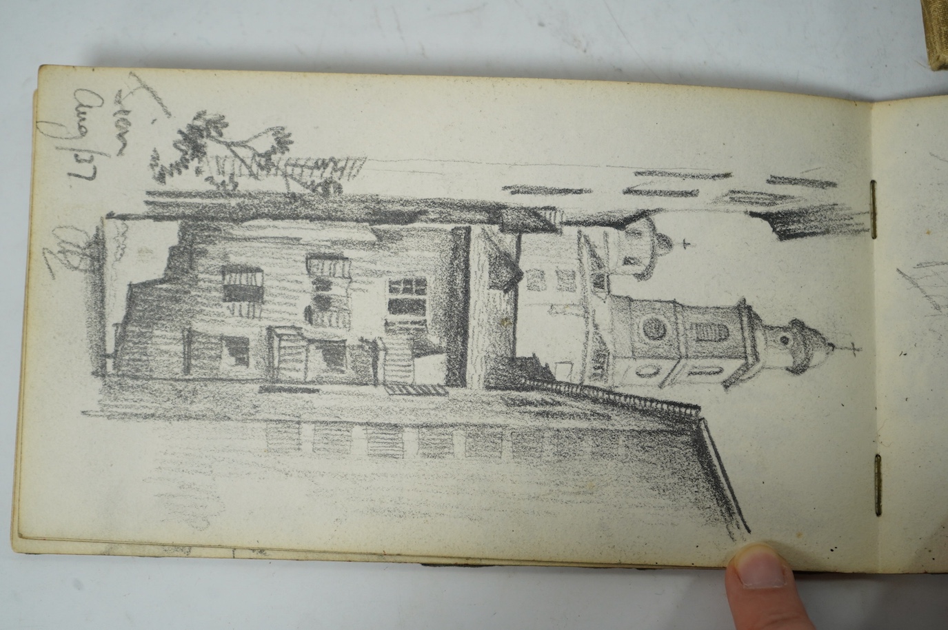 Two 20th century sketch books with watercolour, charcoal and paper sketches, some of Scottish landscapes and Art Deco portraits. Condition - fair